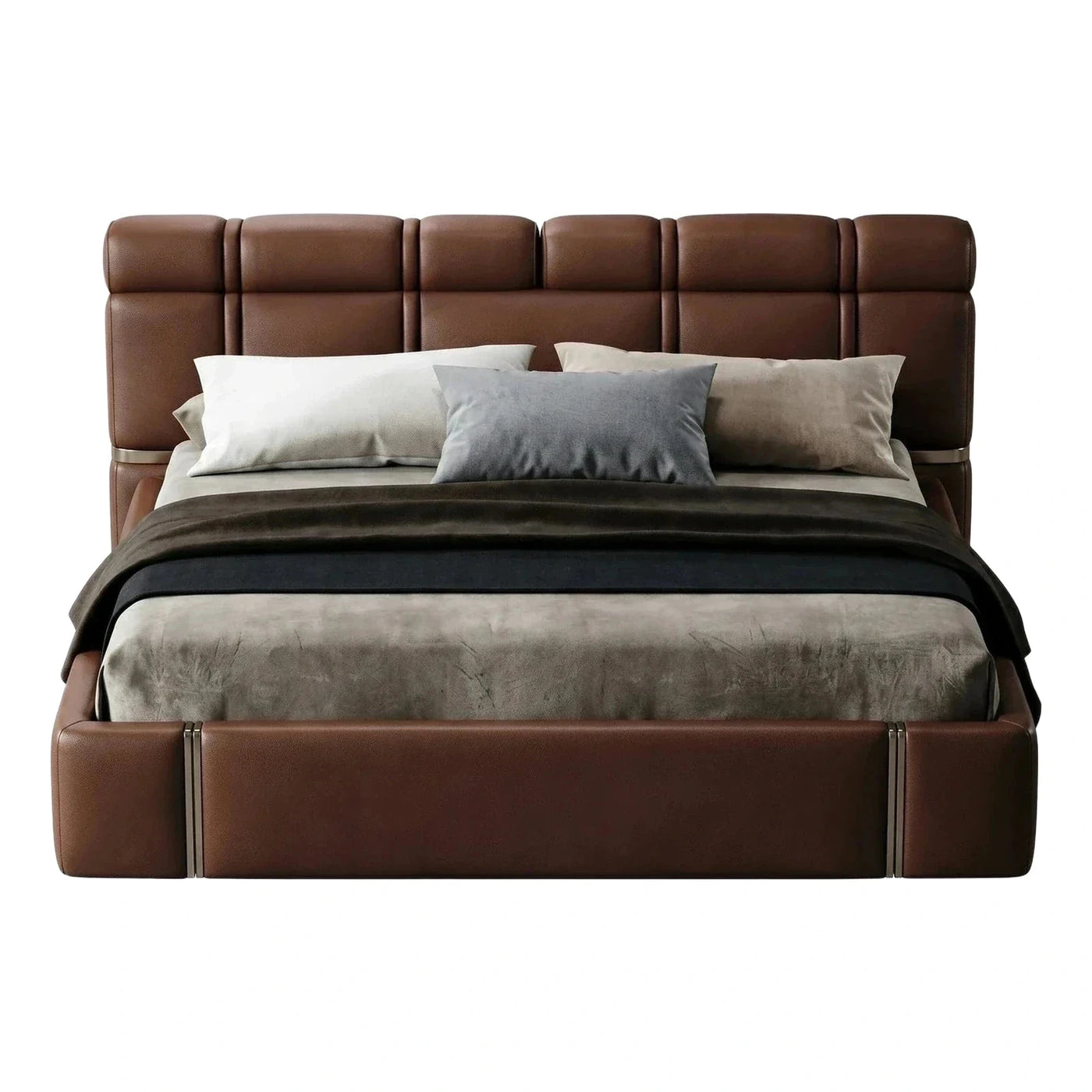 Modern Brown Leather Upholstered Platform Bed with Metal Accents