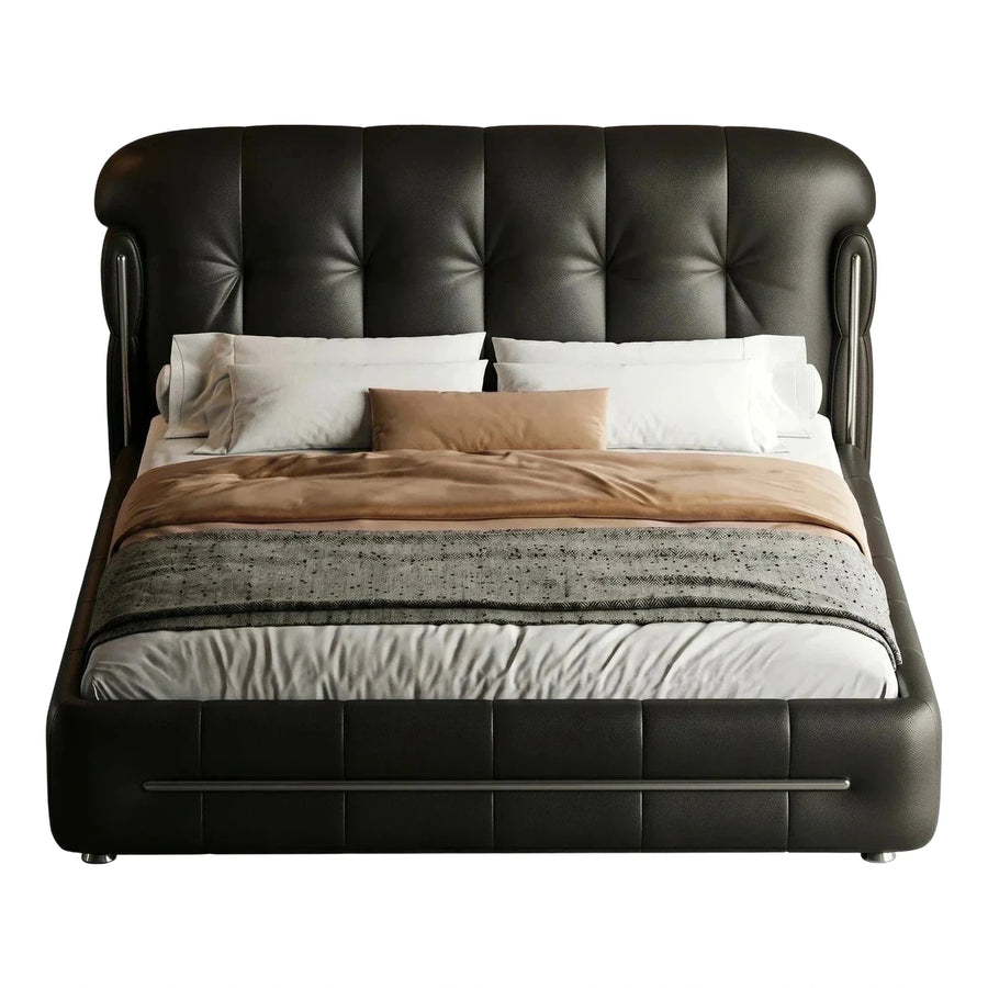 Modern Black Leather Tufted Wingback Platform Bed Frame