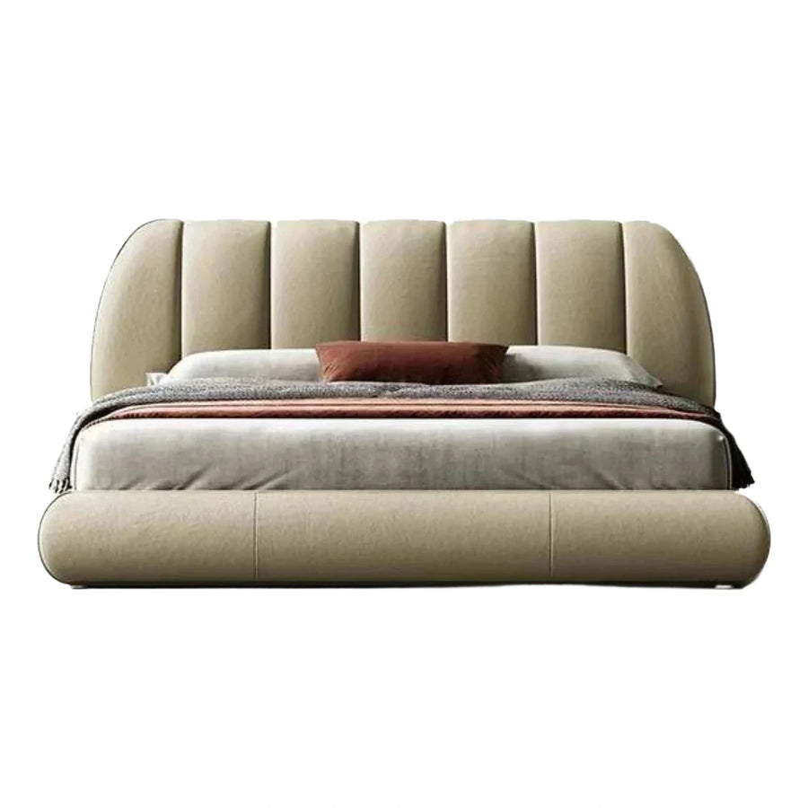 Modern Beige Upholstered Bed with Channel Tufted Headboard