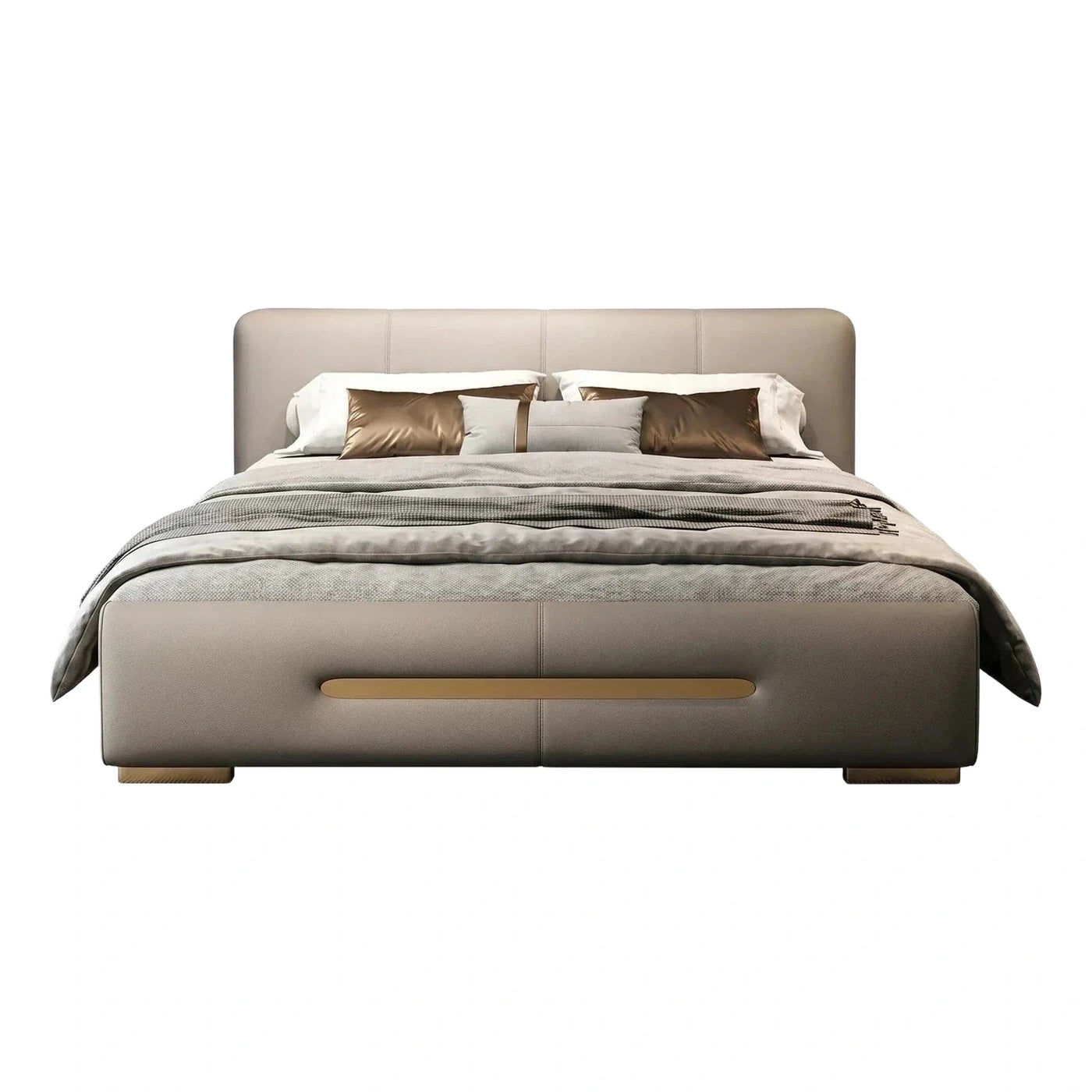 Modern Beige Leather Platform Bed with Gold Accent