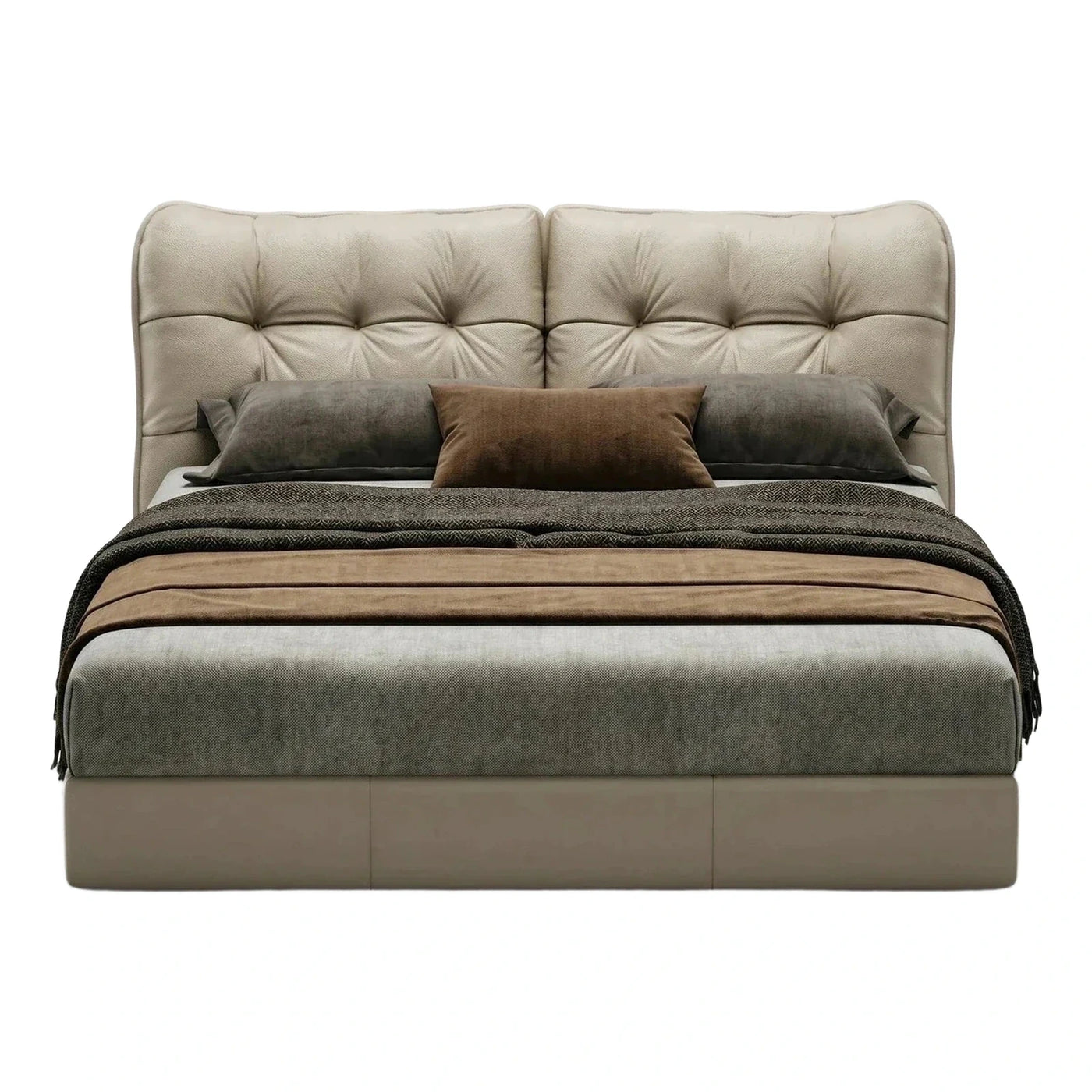 Modern Beige Tufted Leather Upholstered Platform Bed