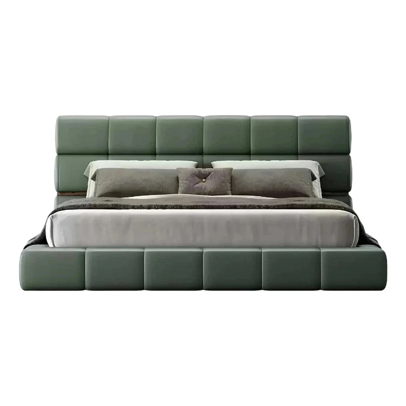 Modern Green Upholstered Platform Bed with Segmented Headboard
