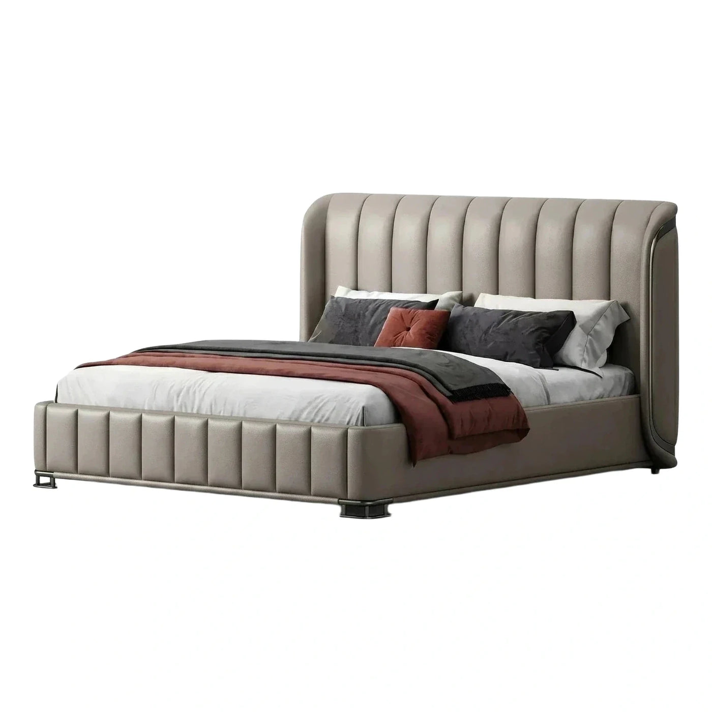Modern Grey Leather Channel Tufted Wingback Platform Bed