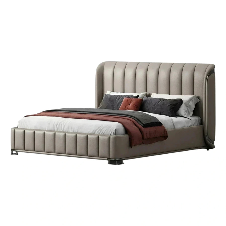 Modern Grey Leather Channel Tufted Wingback Platform Bed