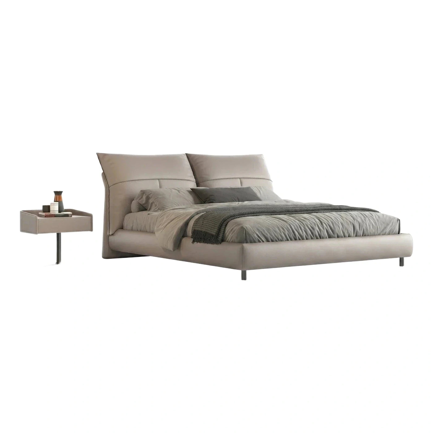 Modern Beige Leather Platform Bed with Split Headboard