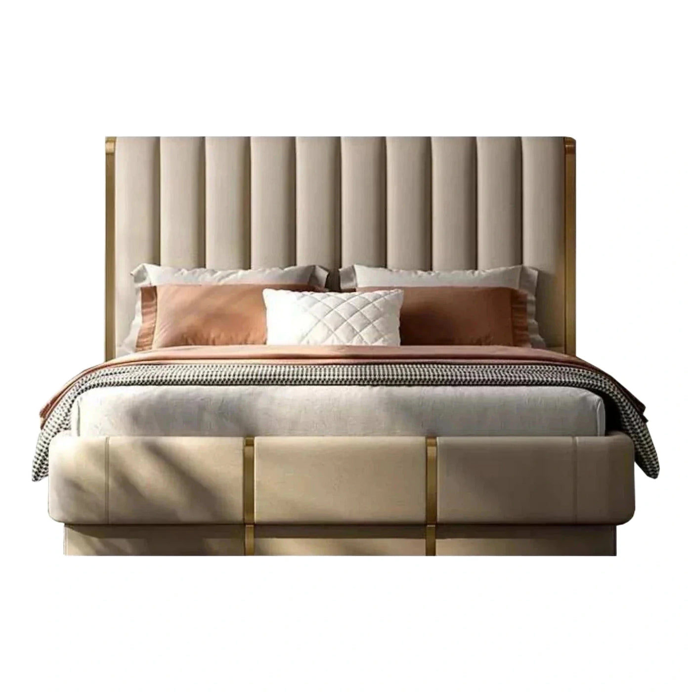 Beige Channel Tufted Platform Bed with Gold Frame