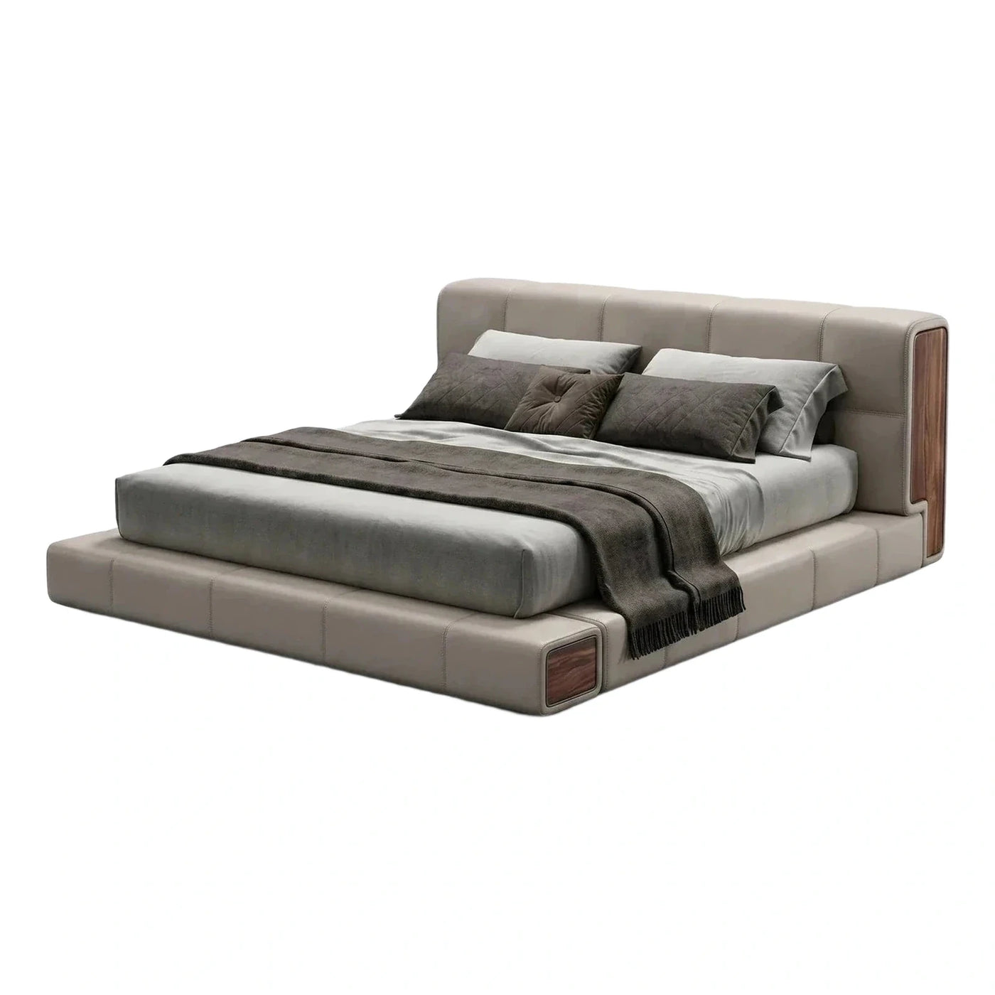 Modern Beige Upholstered Platform Bed with Wood Accents