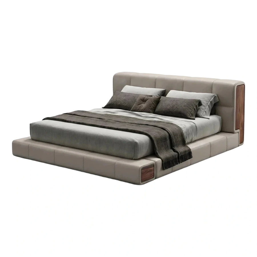 Modern Beige Upholstered Platform Bed with Wood Accents