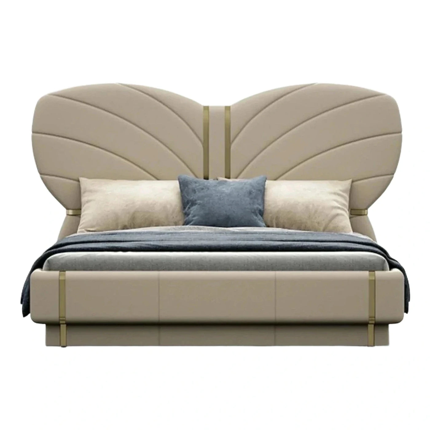 Beige Upholstered Platform Bed with Gold Accents