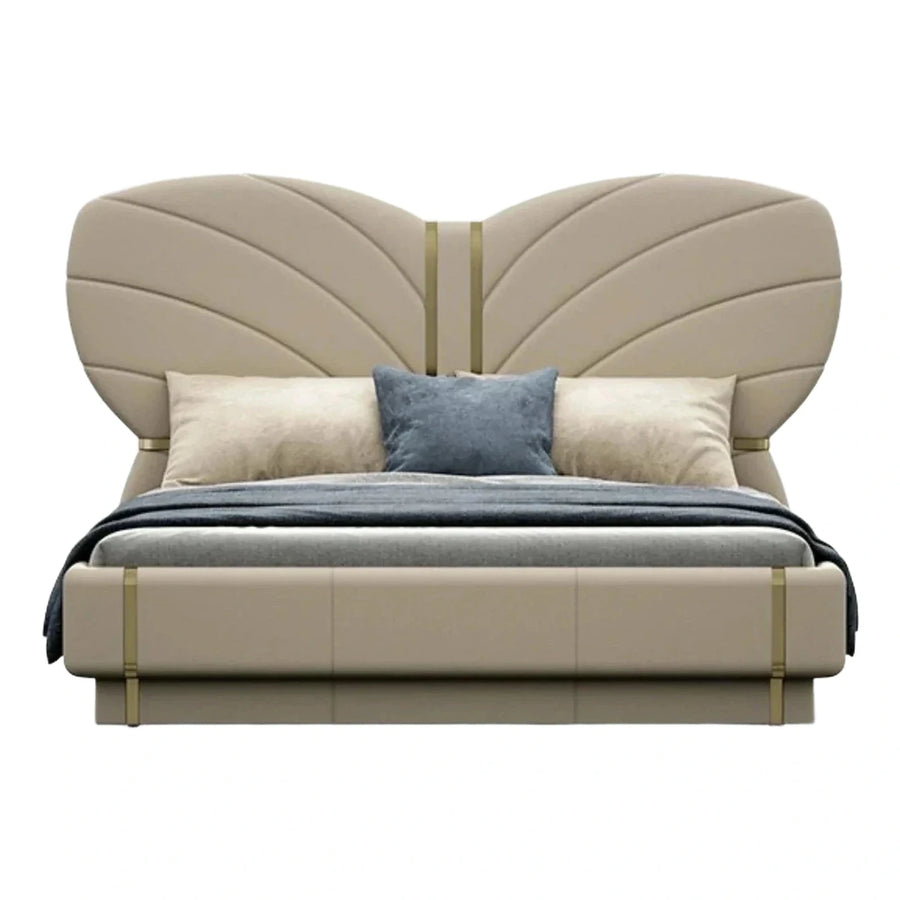Beige Upholstered Platform Bed with Gold Accents
