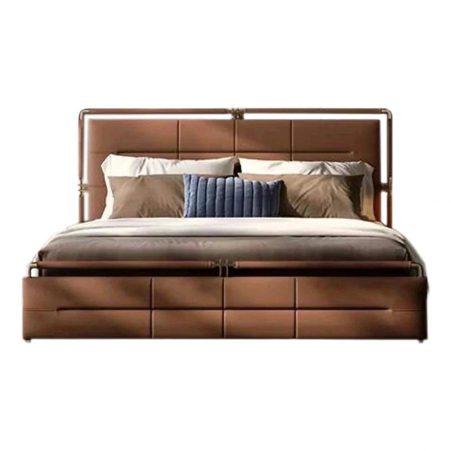Modern Brown Leather Platform Bed with Metal Frame