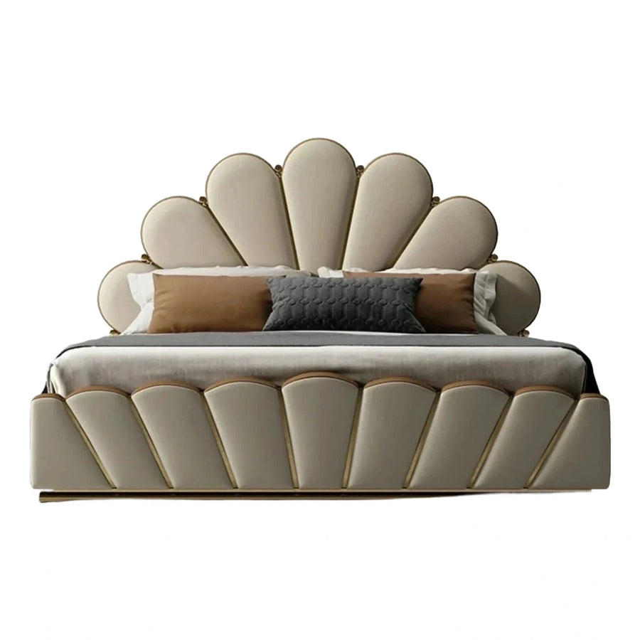Luxury Scalloped Upholstered Bed Frame with Gold Trim