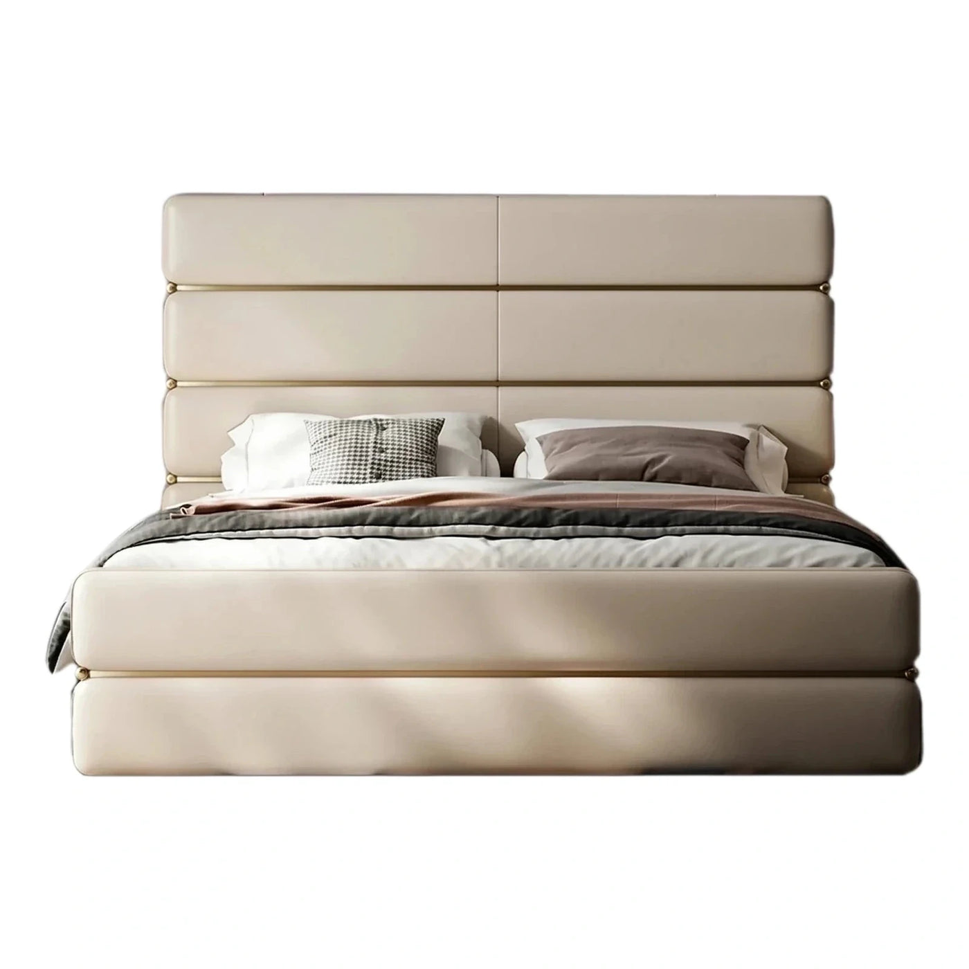 Modern Cream Upholstered Bed with Gold Metal Accents