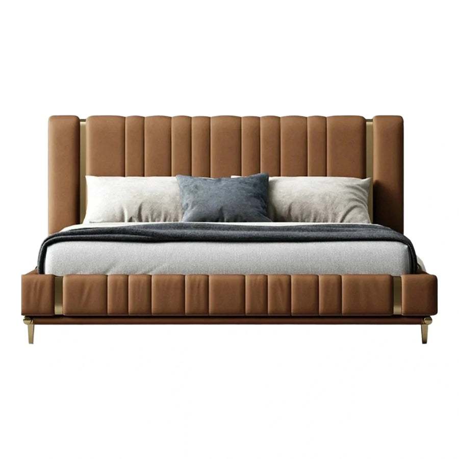 Modern Brown Leather Platform Bed with Brass Accents