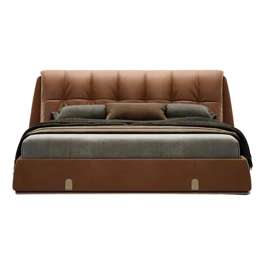 Modern Brown Leather Upholstered Platform Bed with Tufted Headboard