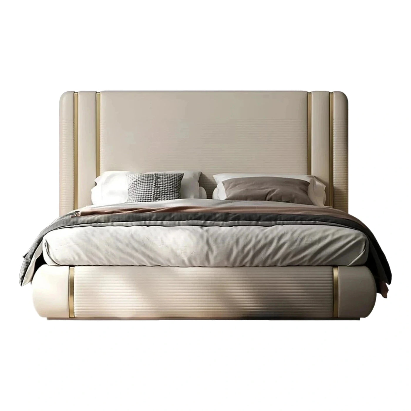 Modern Cream Upholstered Platform Bed with Gold Trim