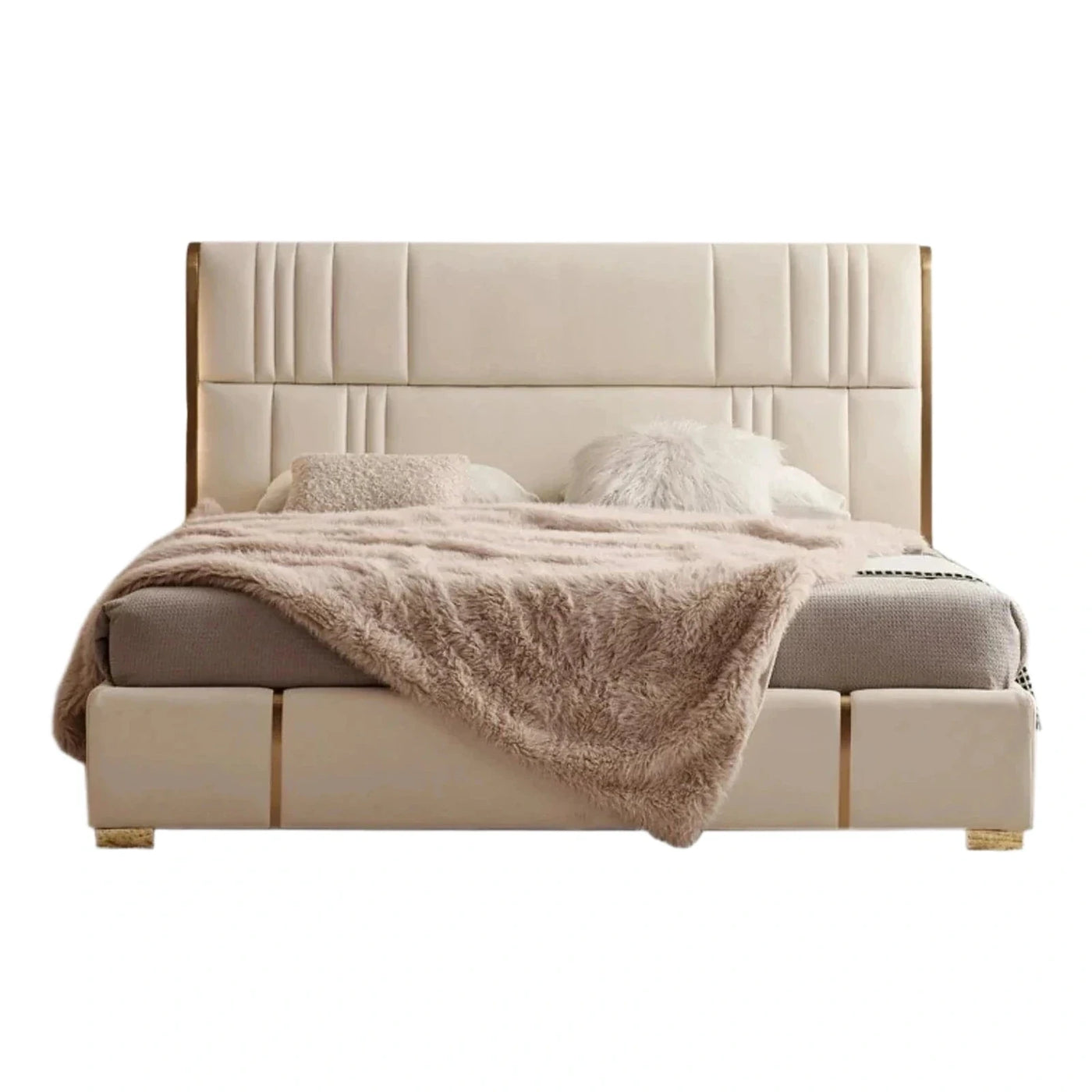Cream Upholstered Platform Bed with Gold Accents