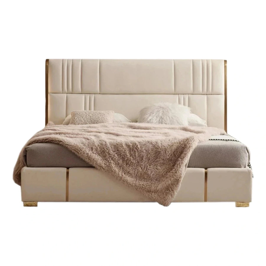Cream Upholstered Platform Bed with Gold Accents
