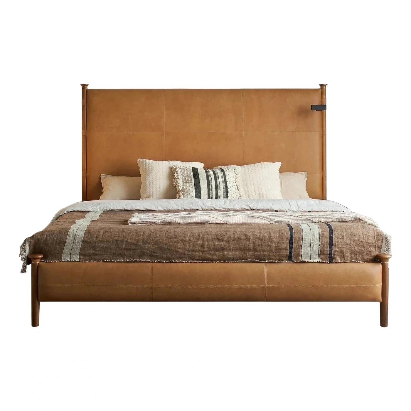 Brown Leather Upholstered Bed with Tall Wooden Posts