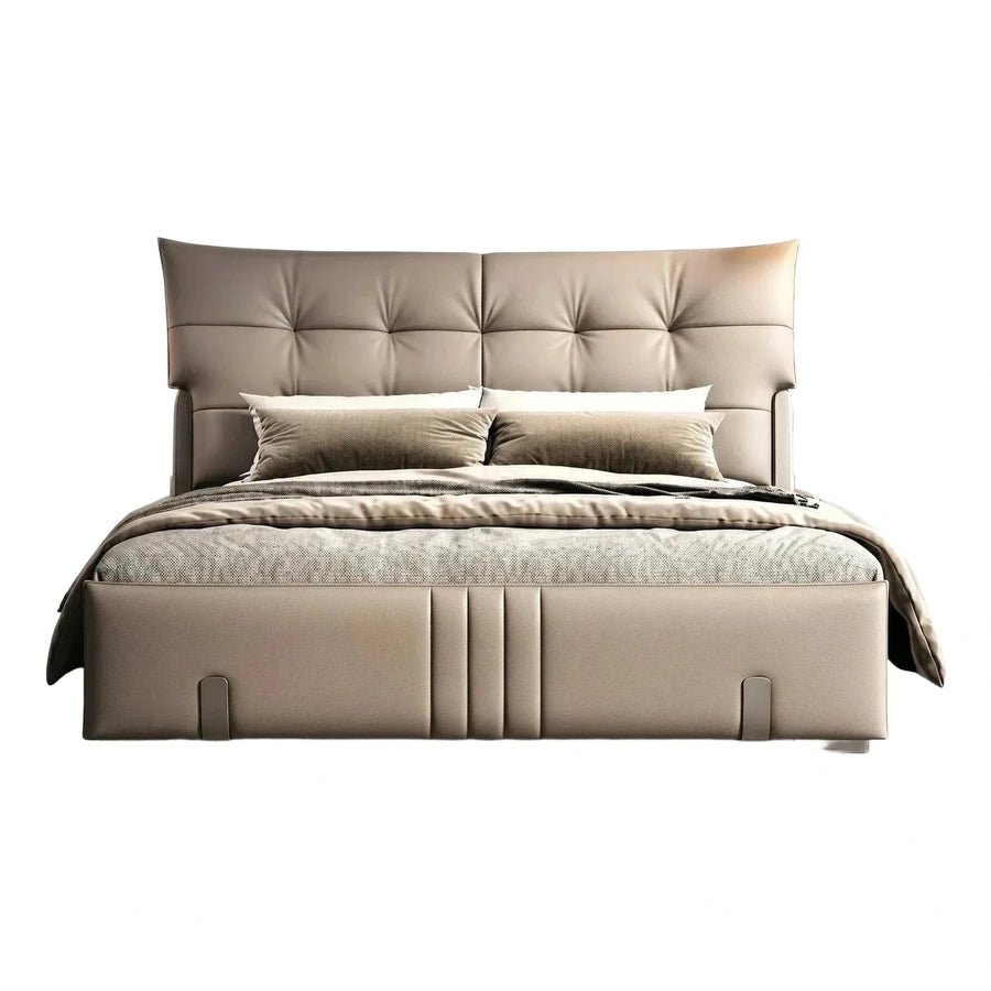 Modern Beige Leather Upholstered Platform Bed with Tufted Headboard
