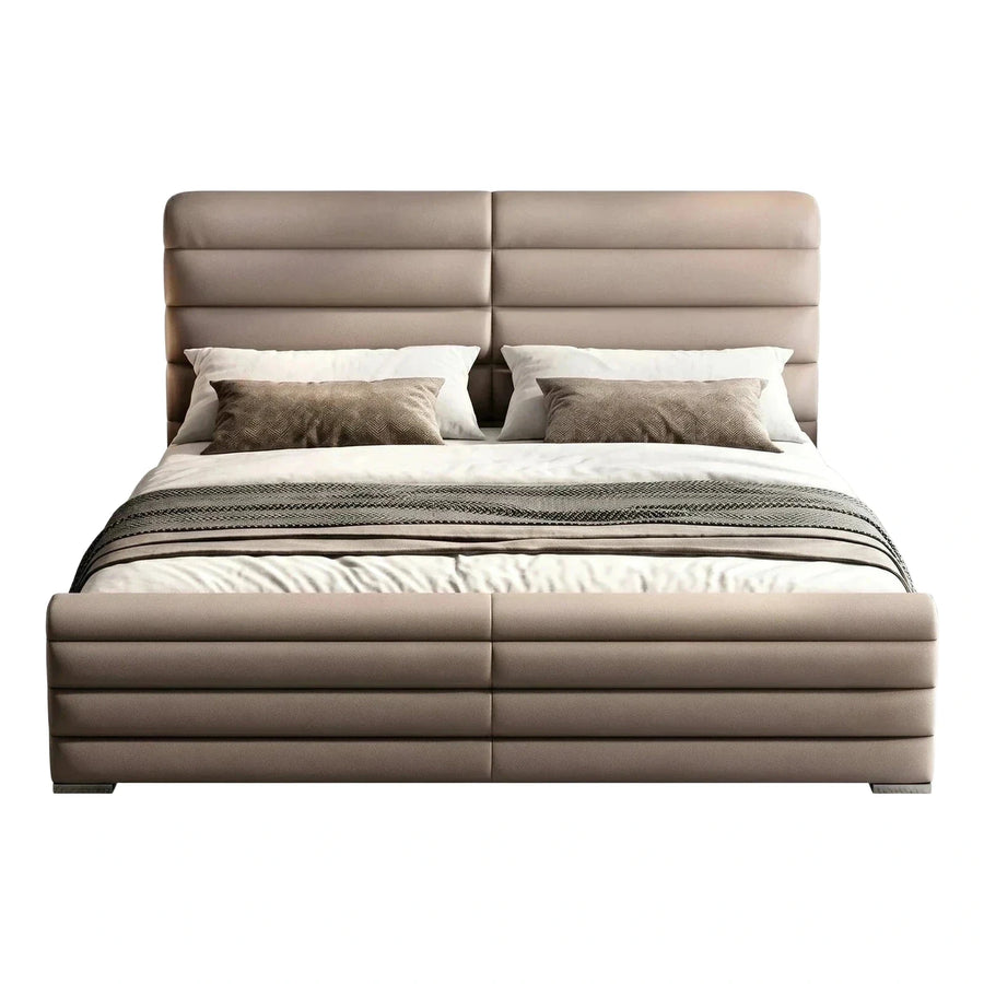 Modern Beige Leather Platform Bed with Channel Tufting