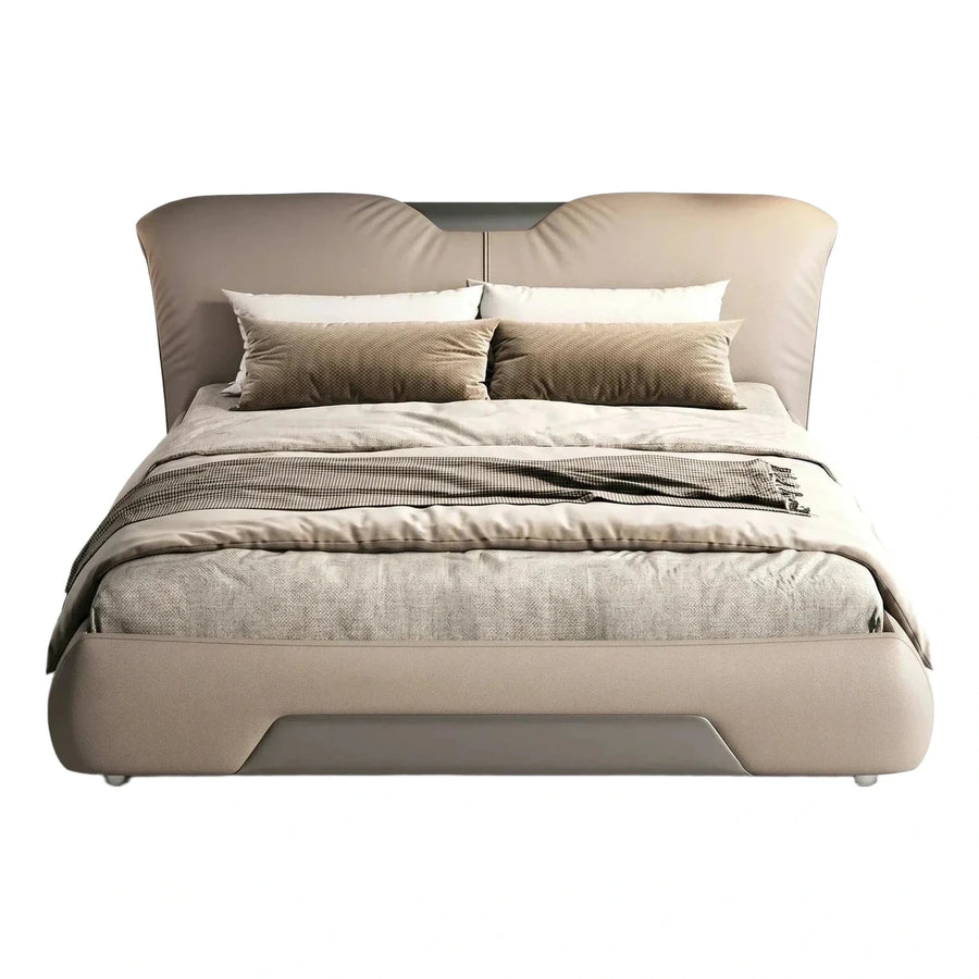 Modern Beige Upholstered Platform Bed with Winged Headboard
