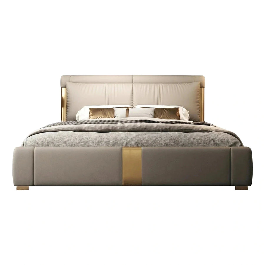 Modern Beige Upholstered Bed with Gold Metal Accents