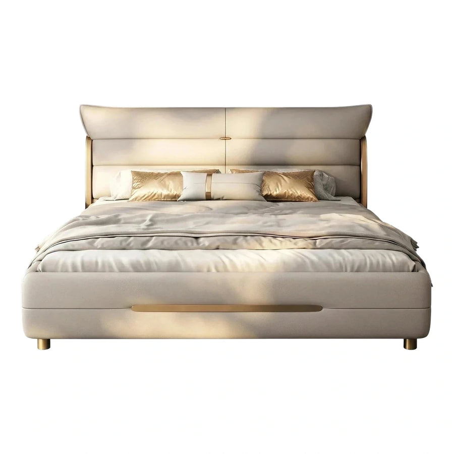 Modern Cream Leather Platform Bed with Gold Accents