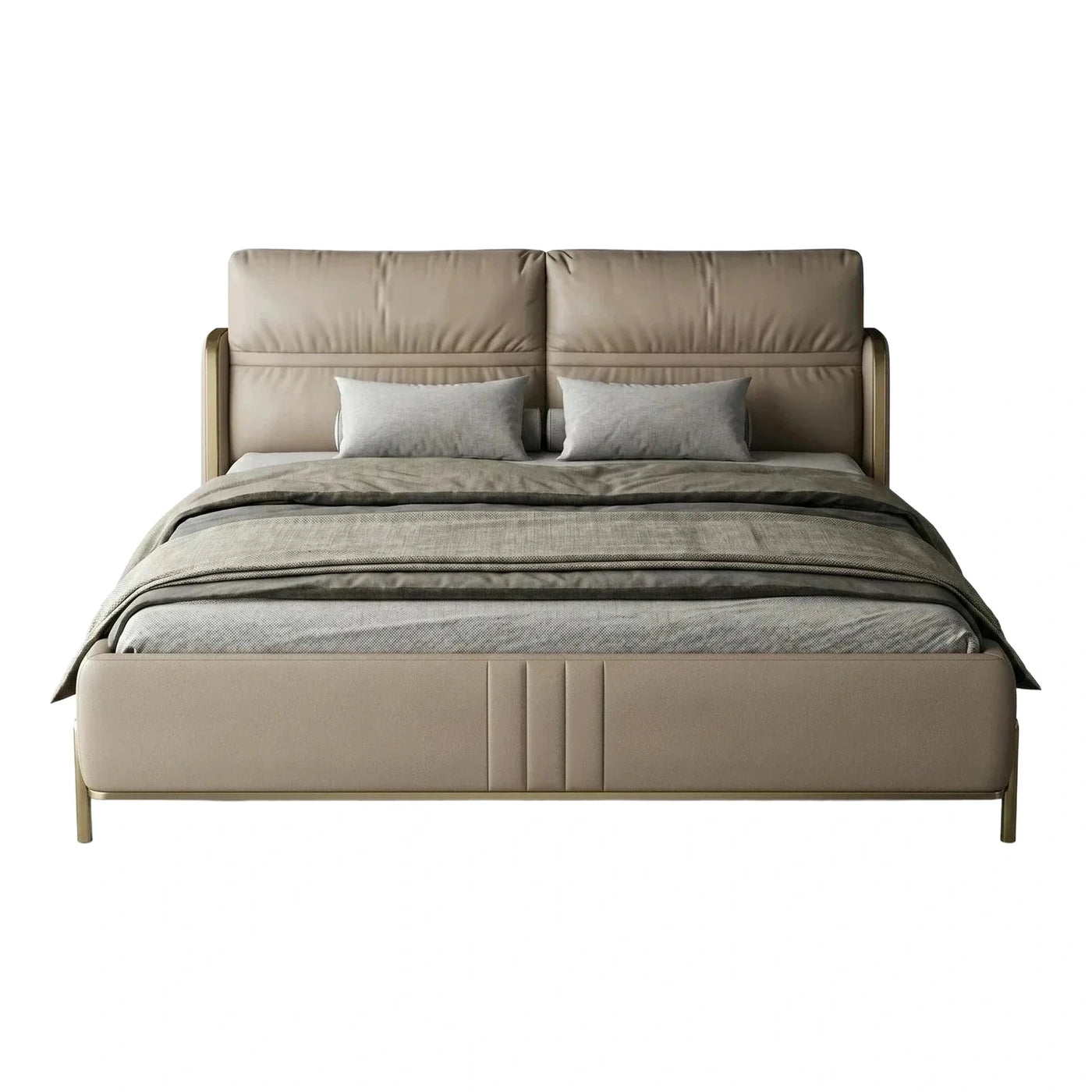 Modern Beige Upholstered Platform Bed with Gold Metal Frame