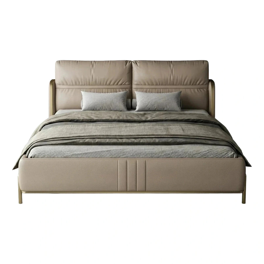 Modern Beige Upholstered Platform Bed with Gold Metal Frame