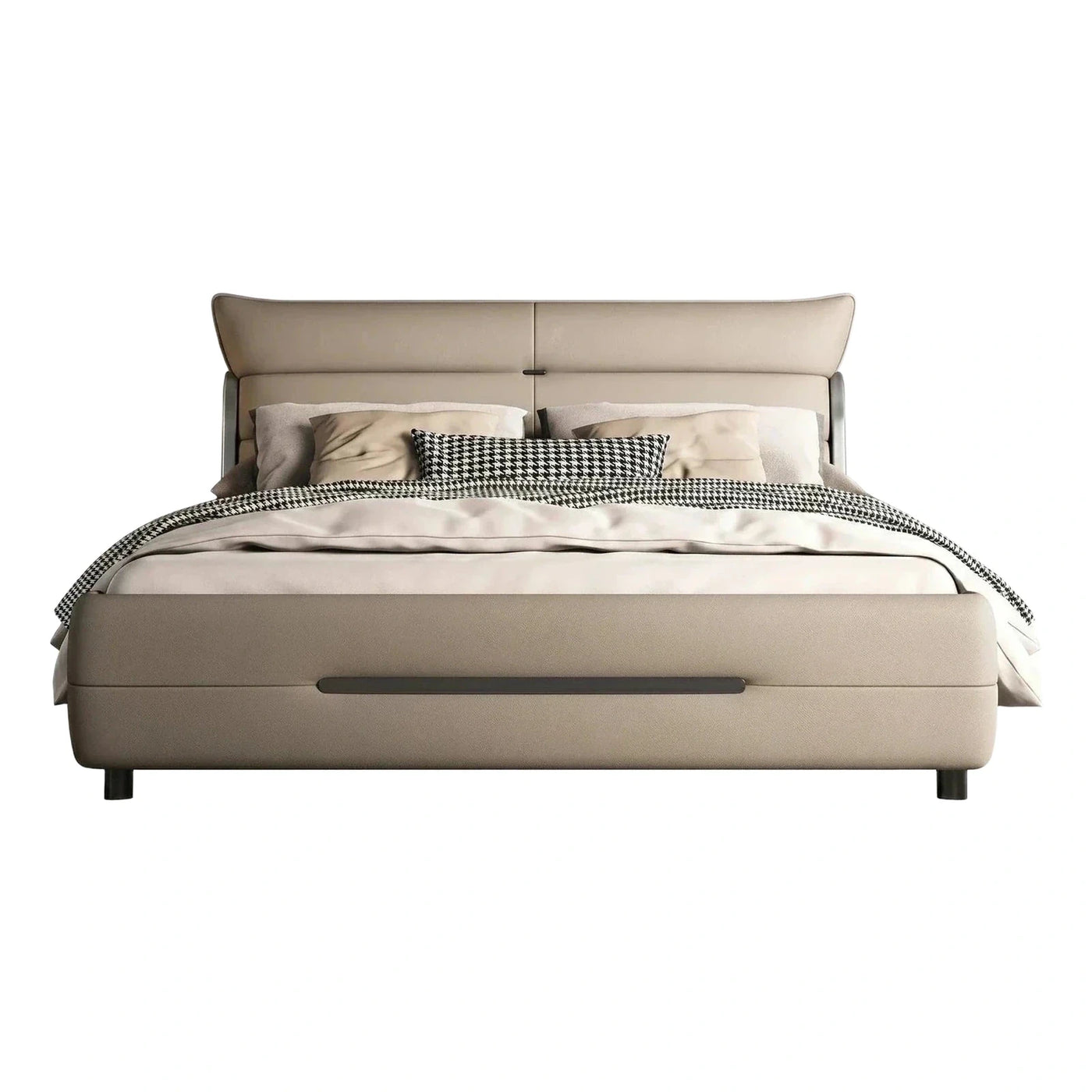 Modern Beige Upholstered Platform Bed with Headboard