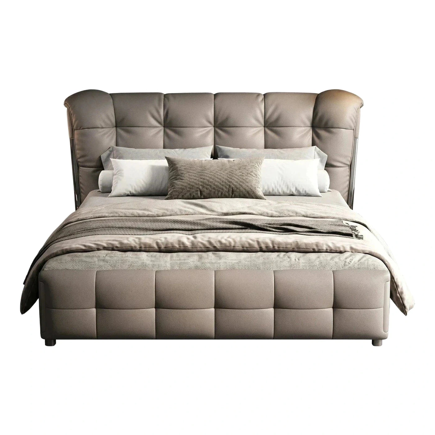 Modern Tufted Leather Platform Bed with Wingback Headboard