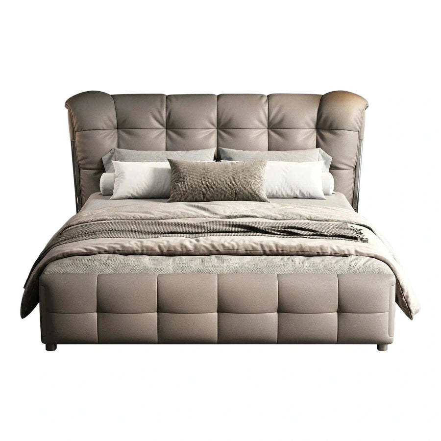 Modern Tufted Leather Platform Bed with Wingback Headboard