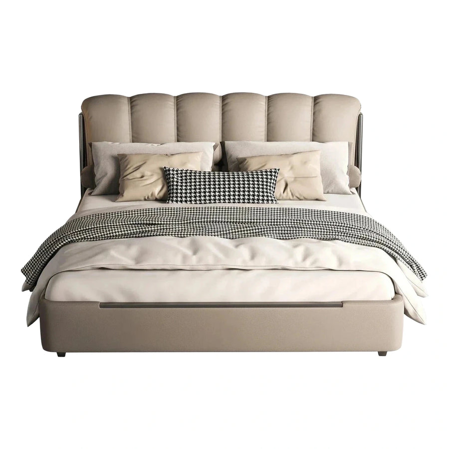 Beige Leather Upholstered Platform Bed with Channel Headboard