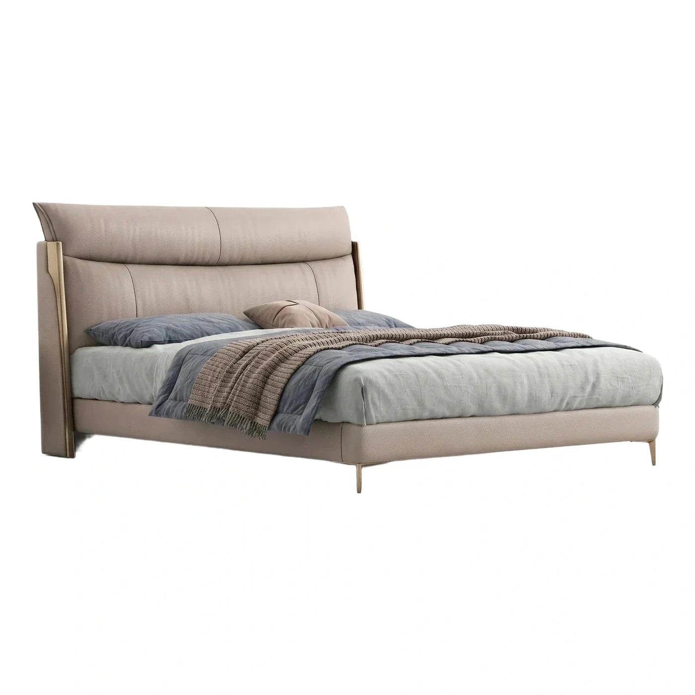 Modern Beige Leather Platform Bed with Gold Accents