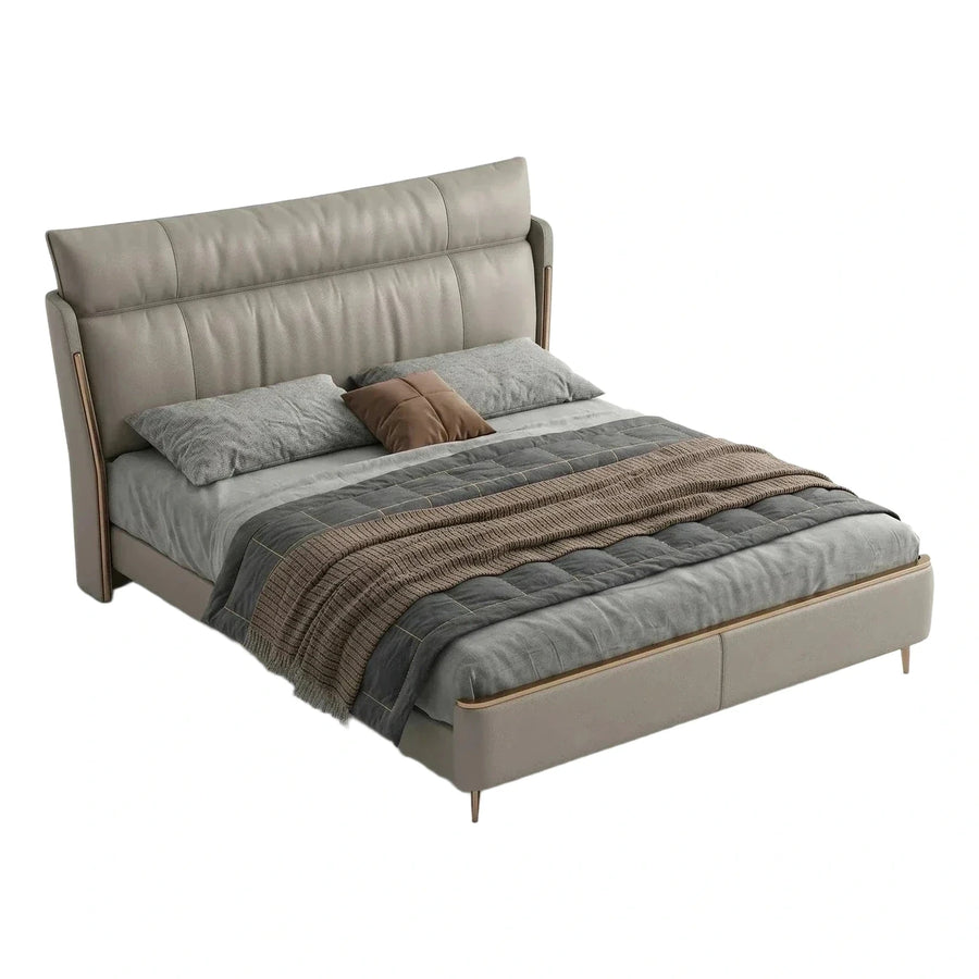 Modern Upholstered Platform Bed with Gold Accents