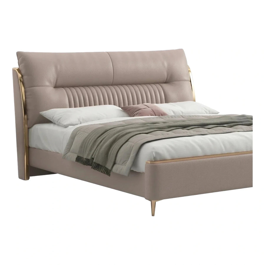 Beige Upholstered Platform Bed with Gold Metal Frame