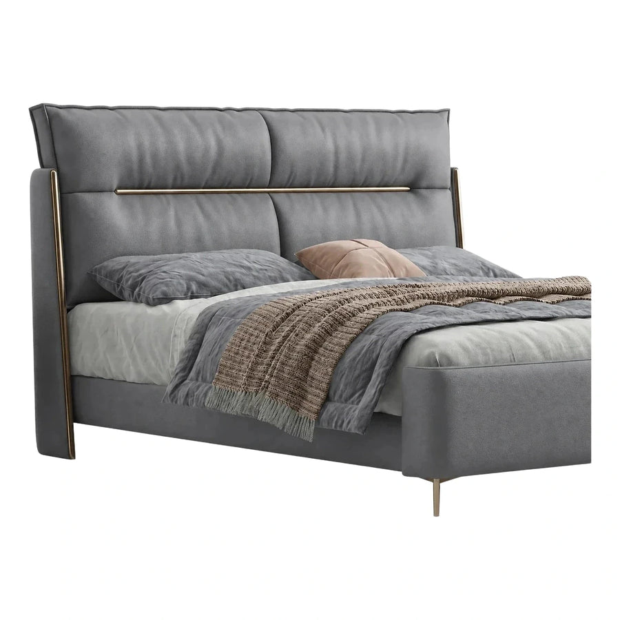 Modern Grey Leather Platform Bed with Gold Accents