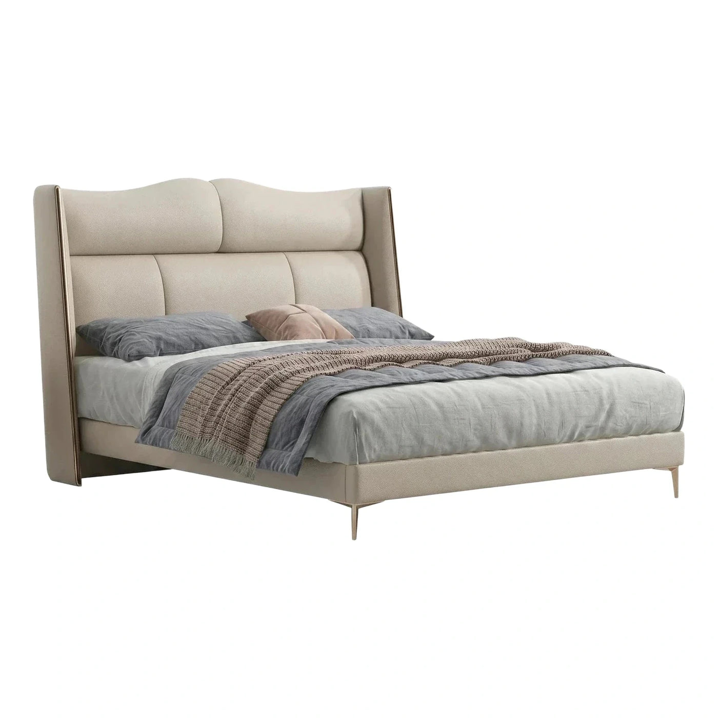 Modern Cream Upholstered Platform Bed with Metal Trim