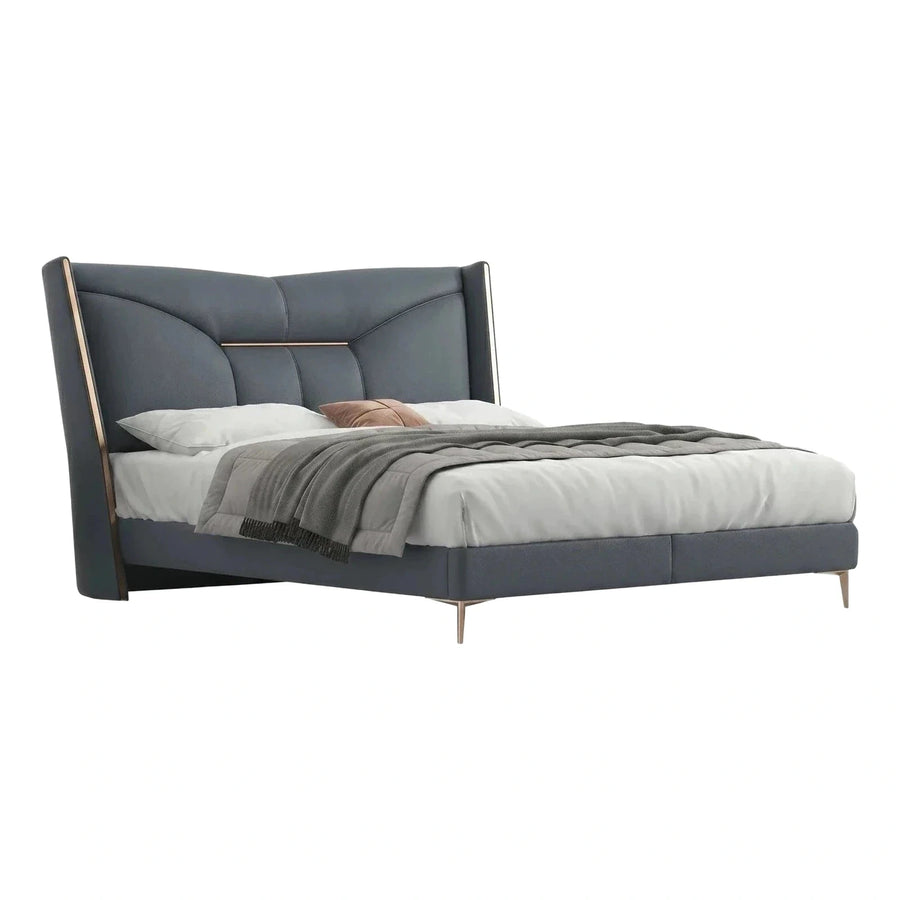 Modern Grey Upholstered Platform Bed with Gold Trim
