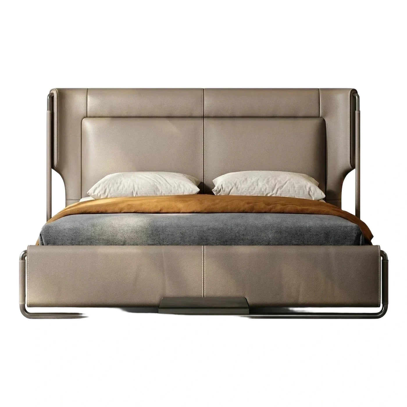 Modern Taupe Leather Platform Bed With Metal Frame