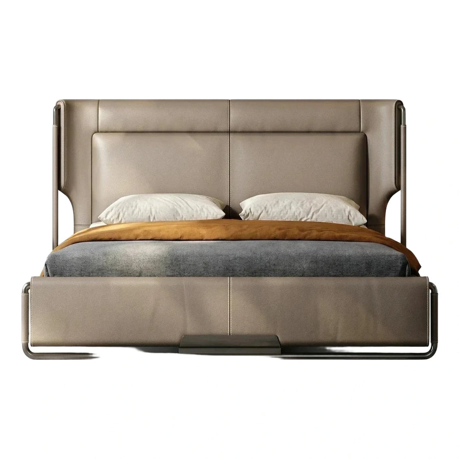 Modern Taupe Leather Platform Bed With Metal Frame