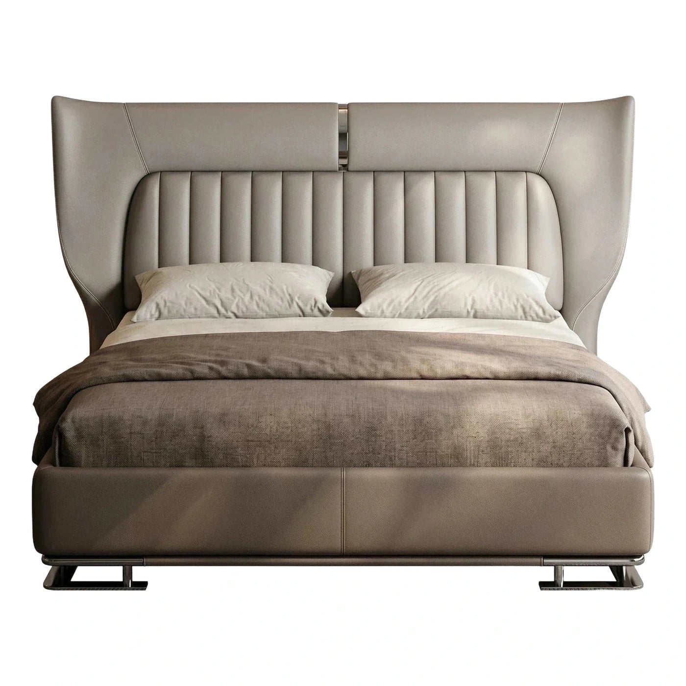 Modern Grey Leather Wingback Platform Bed with Metal Base
