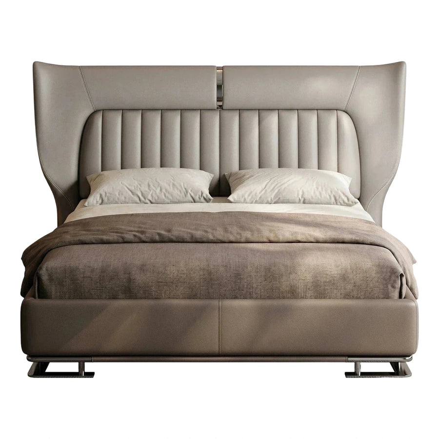 Modern Grey Leather Wingback Platform Bed with Metal Base