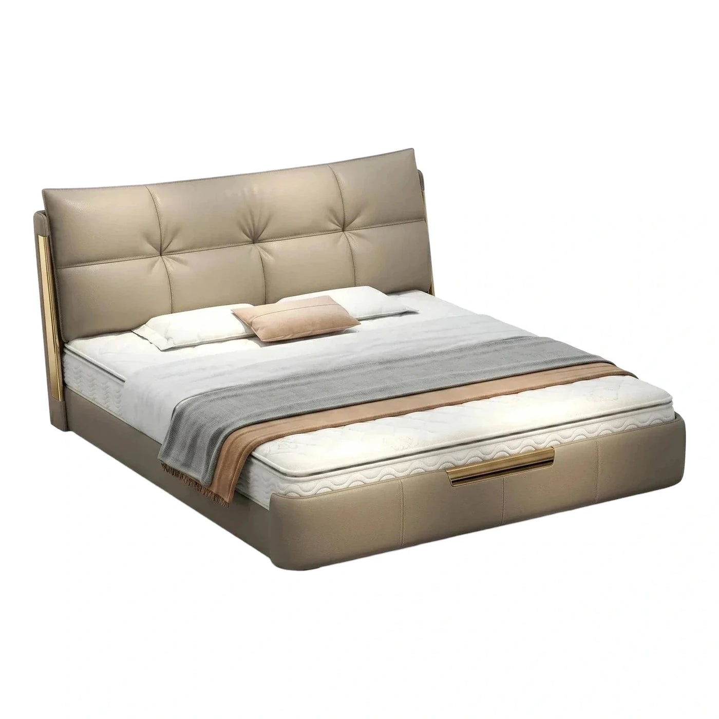 Modern Beige Leather Platform Bed with Gold Accents