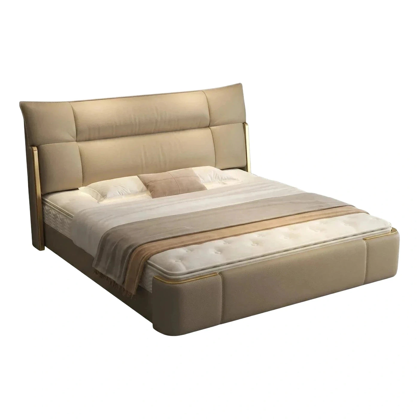 Modern Beige Leather Platform Bed with Gold Accents