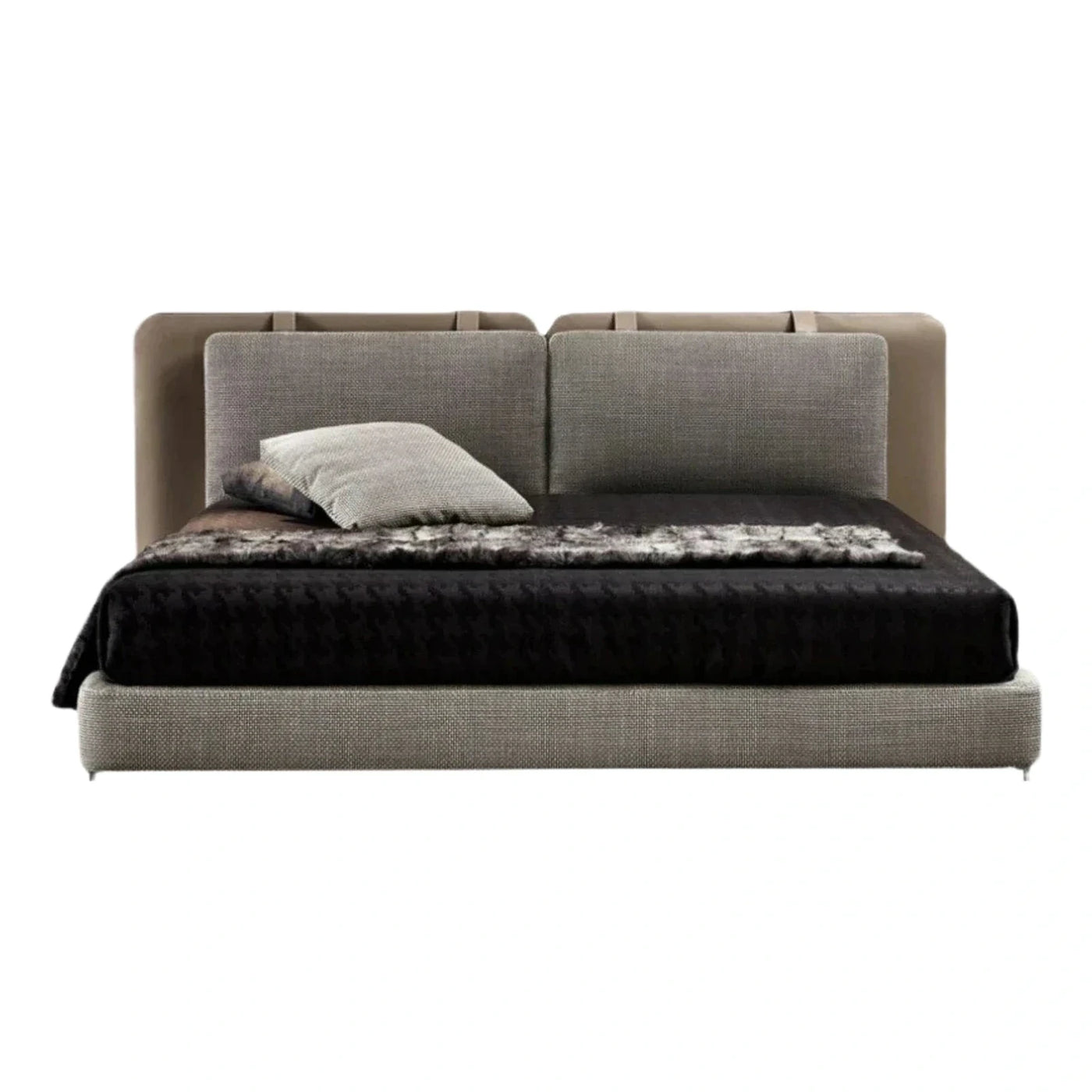 Modern Grey Upholstered Platform Bed with Dual Headboard