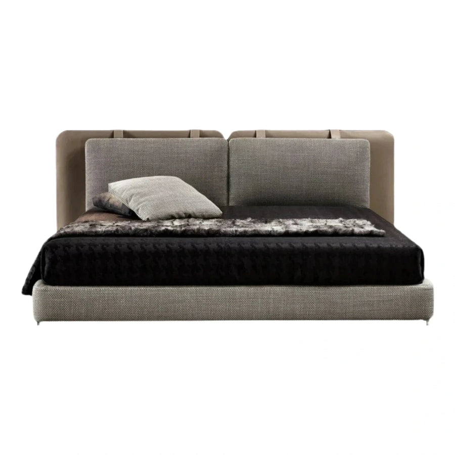 Modern Grey Upholstered Platform Bed with Dual Headboard