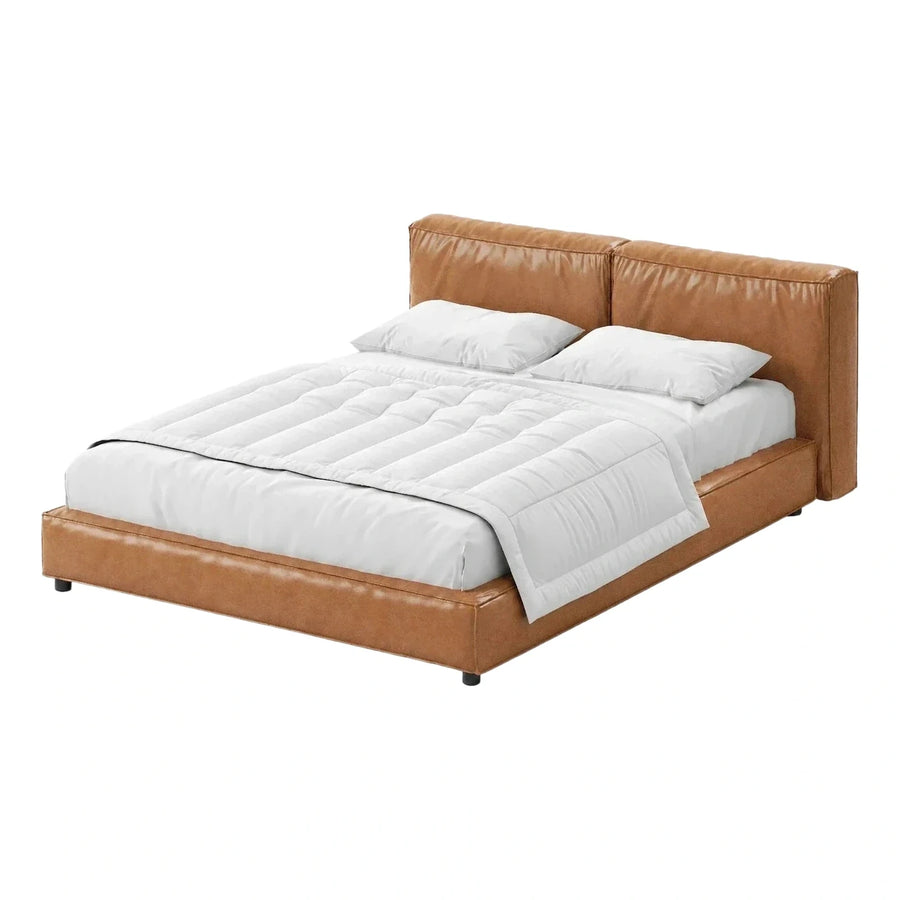 Modern Tan Leather Upholstered Platform Bed Frame