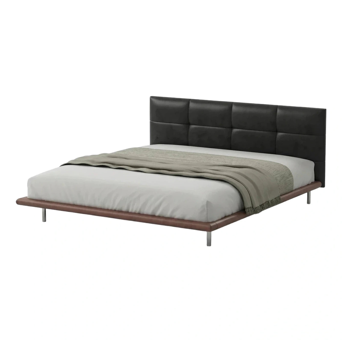 Modern Black Leather Platform Bed with Tufted Headboard
